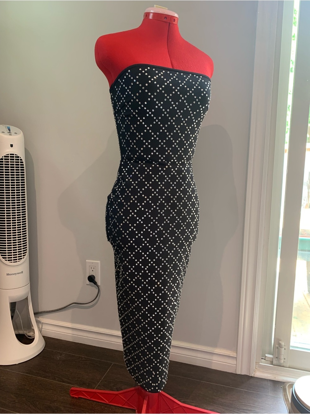 Strapless Black Midi Bandage Dress with Silver Rhinestones